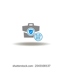Vector illustration of briefcase with shield, check mark and clipboard with document form. Symbol of insurance contract.