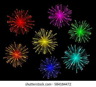 Vector illustration of bright abstract festive fireworks set.