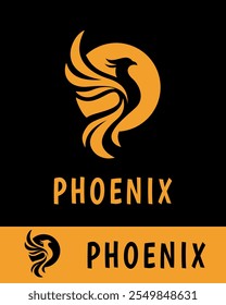 Vector Illustration of a bright abstract phoenix logo with dynamic wings and a yellow and black circular background, symbolizing rebirth, strength and elegance