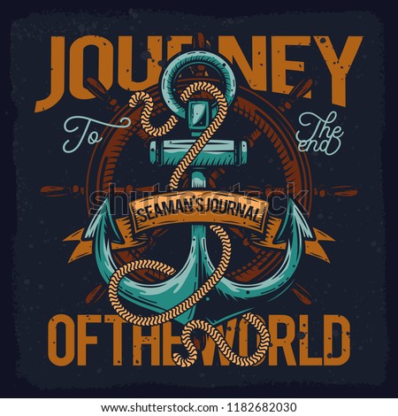 Vector illustration. Bright anchor, on the background of the old steering wheel, with a rope and a ribbon for the inscription.