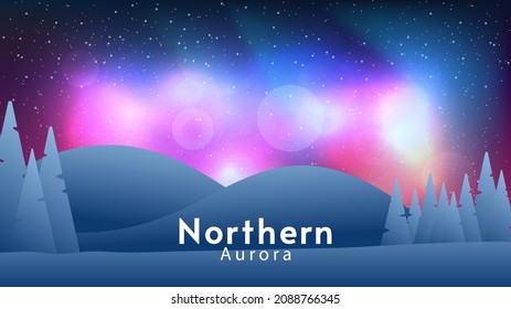 Vector illustration. Bright aurora view and mountains. Northern lights. Vector panoramic. Color lights at night landscape. 