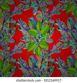 Vector illustration. Of bright autumn leaves. Beautiful leaves on green, red and blue colors. Fall leaves background. Seamless graphic design with amazing.