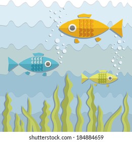 Vector illustration of a bright background for kids with fish and sea-grass in the blue water, paper cut out style