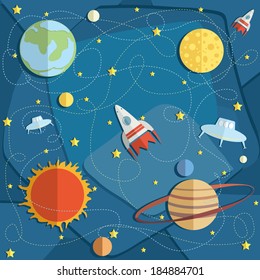 Vector illustration of a bright background for kids with space rocket and planets, paper cut out style
