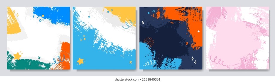 Ilustración vectorial. Fondo brillante. Pintura de pinceladas y dibujado a mano doodle Elementos. Diseño de color abstracto de moda para las redes sociales, post de blog, Plantilla de Anuncio de Web. Estilo infantil colorido