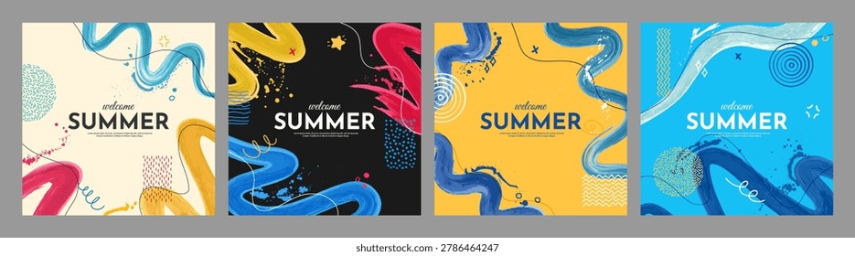 Vector illustration. Bright background. Paint brush strokes and hand drawn doodle elements. Design for social media template, web banner, advertising, marketing. Colorful summer style composition