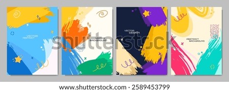 Vector illustration. Bright background. Paint brush strokes and hand drawn doodle elements. Trendy abstract color design for book cover, brochure, magazine, poster, flyer. Colorful childish style