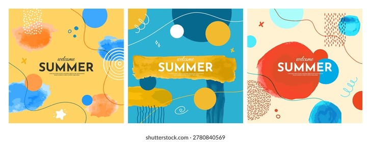 Vector illustration. Bright background. Watercolor paint brush strokes and hand-drawn doodle elements. Trendy abstract color design for social media, web banner, blog post. Colorful, childish style