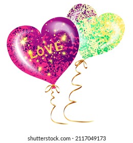 Vector illustration of bright balloons made of splashes of paints in the form of hearts. Festive decoration for Valentine's Day. Balls for the festival. Design elements for birthday and wedding.