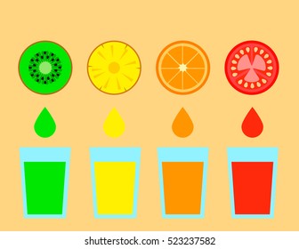 vector illustration bright banner fresh fruit juices tomato cups pineapple kiwi orange red yellow green flat design