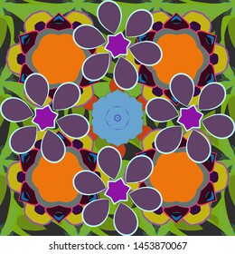 Vector illustration. Bright beautiful flowers seamless background. Abstract cute floral print in orange, violet and green colors.