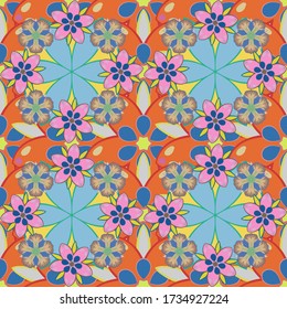 Vector illustration. Bright beautiful flowers seamless background. Abstract cute floral print in pink, blue and orange colors.