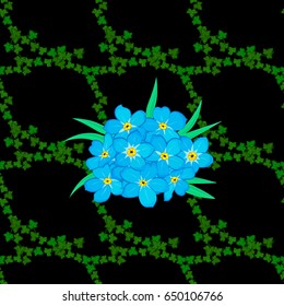 Vector illustration. Bright beautiful forget-me-not flowers seamless background. Abstract cute floral print on a black background.