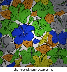 Vector illustration. Bright beautiful hibiscus flowers seamless background. Abstract cute floral print in green, yellow and gray colors.