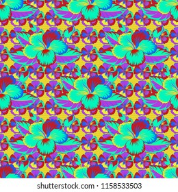 Vector illustration. Bright beautiful hibiscus flowers seamless background. Abstract cute floral print in yellow, green and violet colors.