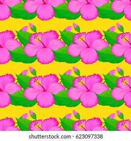 Vector illustration. Bright beautiful hibiscus flowers seamless background. Abstract cute floral print on a yellow background.