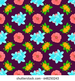 Vector illustration. Bright beautiful hibiscus flowers seamless background. Abstract cute floral print on a purple background.