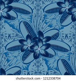 Vector illustration. Bright beautiful plumeria flowers seamless background. Abstract cute floral print in blue colors.