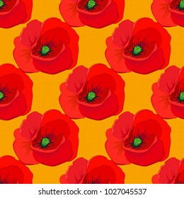 Vector illustration. Bright beautiful poppy flowers seamless background. Abstract cute floral print in yellow, gray and red colors.