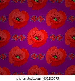 Vector illustration. Bright beautiful poppy flowers seamless background. Abstract cute floral print on a purple background.