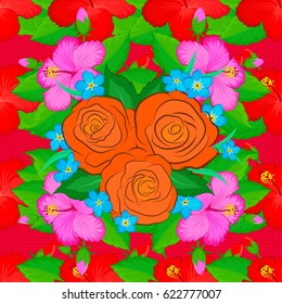 Vector illustration. Bright beautiful rose flowers and green leaves seamless background. Abstract cute floral print on a red background.