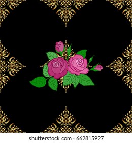 Vector illustration. Bright beautiful rose flowers and green leaves seamless background. Abstract cute floral print on a black background.