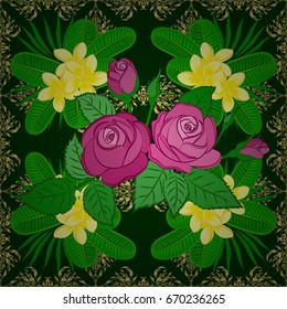 Vector illustration. Bright beautiful rose flowers and green leaves seamless background. Abstract cute floral print on a green background.