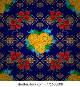 Vector illustration. Bright beautiful rose flowers and green leaves seamless background. Abstract cute floral print in yellow, red and blue colors.