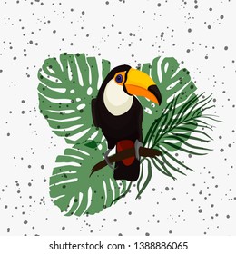 Vector illustration of a bright bird cartoon toucan on a tropical leaves and flowers. Colorful icon of tropical nature for zoo ad, nature reserve, to illustrate books about wildlife for children.