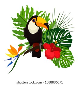 Vector illustration of a bright bird cartoon toucan on a tropical leaves and flowers. Colorful icon of tropical nature for zoo ad, nature reserve, to illustrate books about wildlife for children.