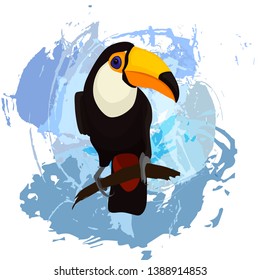 Vector illustration of a bright bird cartoon toucanon a beautiful abstract grunge stain background. Colorful icon of tropical nature for zoo ad, nature reserve, to illustrate books about wildlifeabout