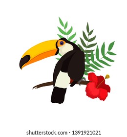 Vector illustration of a bright bird cartoon toucan on a tropical leaves and flowers. Colorful icon of tropical nature for zoo ad, nature reserve, to illustrate books about wildlife for children.