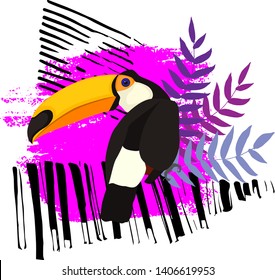 Vector illustration of a bright bird cartoon toucanon a beautiful abstract grunge stain background. Colorful icon of tropical nature for zoo ad, nature reserve, to illustrate books about wildlife