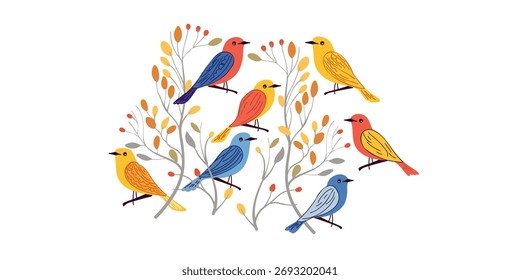 vector illustration bright birds on branches with colorful leaves