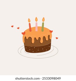 Ilustración vectorial de un pastel de cumpleaños brillante con tres velas encendidas. El pastel está cubierto de glaseado y decorado con corazones, lo que le da un sentimiento festivo. Ideal para diseñar tarjetas, invitación