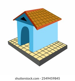 Vector illustration of a bright blue dog house with a tiled roof and checkered floor. Perfect for pet-related designs or architectural concepts.