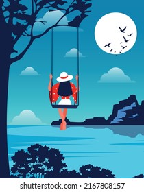 Vector illustration of a bright blue landscape of nature and vacation on vacation girl swinging on a swing rejoices at the big moon