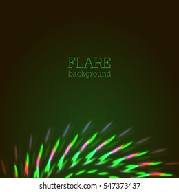 Vector illustration of bright bokeh shining flares of street evening lights, fireworks and disco ball sparkles in warm green color