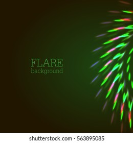 Vector illustration of bright bokeh shining flares of street evening lights, fireworks and disco ball sparkles in warm green color