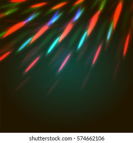 Vector illustration of bright bokeh shining flares of street evening lights, fireworks and disco ball sparkles.