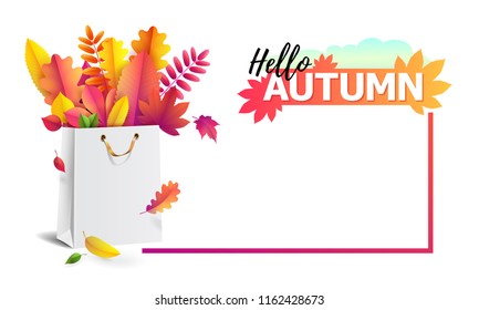 Vector illustration of bright bouquet of autumn fallen leaves in gift paper shopping bag with gold ribbon. Seasonal Autumn sale. Up to 50% off.  Luxury, festive carton package. Mock up for your design