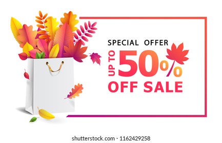 Vector illustration of bright bouquet of autumn fallen leaves in gift paper shopping bag with gold ribbon. Seasonal Autumn sale. Up to 50% off.  Luxury, festive carton package. Mock up for your design