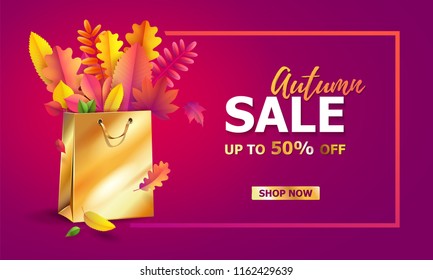 Vector illustration of bright bouquet of autumn fallen leaves in gift paper shopping bag with gold ribbon. Seasonal Autumn sale. Up to 50% off . Luxury, festive carton package. Mock up for your design