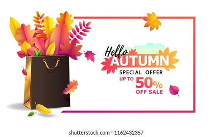 Vector illustration of bright bouquet of autumn fallen leaves in gift paper shopping bag with gold ribbon. Seasonal Autumn sale. Up to 50% off . Luxury, festive carton package. Mock up for your design