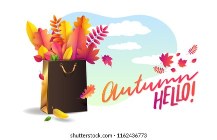 Vector illustration of bright bouquet of autumn fallen leaves in gift paper shopping bag. Text Hello Autumn. Seasonal Autumn greeting card, poster, banner. Luxury festive carton package Mock up design