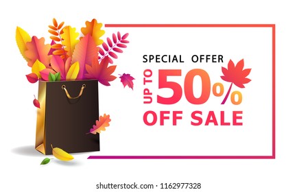 Vector illustration of bright bouquet of autumn fallen leaves in gift paper shopping bag with gold ribbon. Isolated on transparent background. Luxury, festive carton package. Mock up for your design