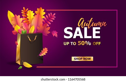 Vector illustration of bright bouquet of autumn fallen leaves in gift paper shopping bag with gold ribbon. Seasonal Autumn sale. Up to 50% off.  Luxury, festive carton package. Mock up for your design