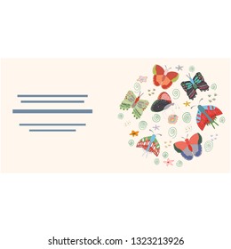 Vector illustration with bright butterflies. Round shape made of cartoon style butterflies. Text frame. 