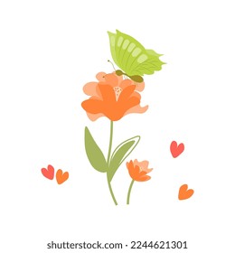 Vector illustration with a bright butterfly on a flower on a white background. Cute holiday postcard design template.