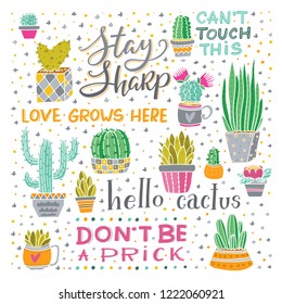 Vector illustration of bright cacti, aloe and leaves in pots and lettering. Collection of exotic plants. Decorative natural elements  Cactus with flowers.